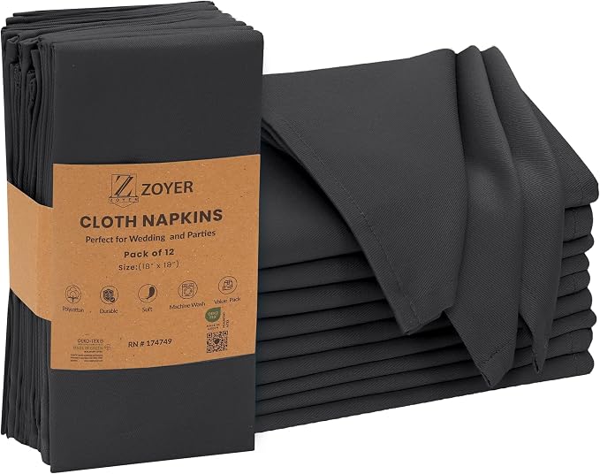 Zoyer Cloth Napkins Set of 12, 18x18 Inches Cotton Enrich Napkins Cloth Washable, Soft & Durable Dinner Napkins for Parties, Wedding, Christmas, Thanksgiving & Everyday Use - Black