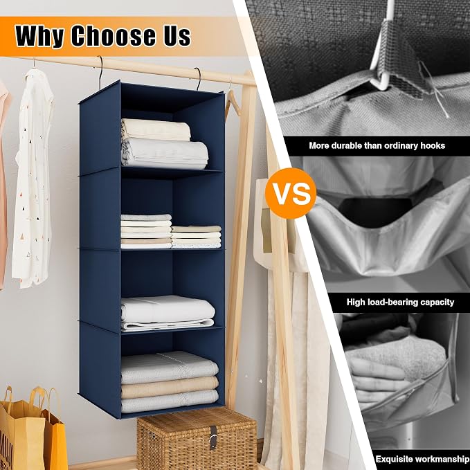 Hanging Closet Organizer - 4-Shelf, Easy Mount Foldable Wardrobe Storage Shelves for Clothes, Handbags, Shoes & Accessories - Washable Oxford Cloth Fabric, Navy Blue