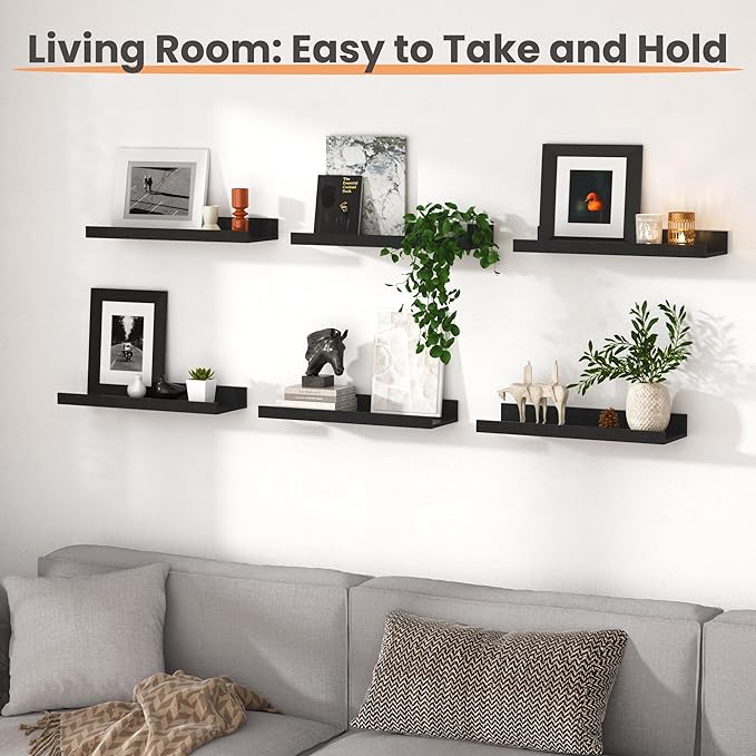upsimples Floating Shelves for Wall, Wall Shelves for Decor Storage Set of 6, Wall Mounted Wood Shelf for Bedroom, Living Room, Bathroom, Kitchen, Picture Ledge Shelf, Black