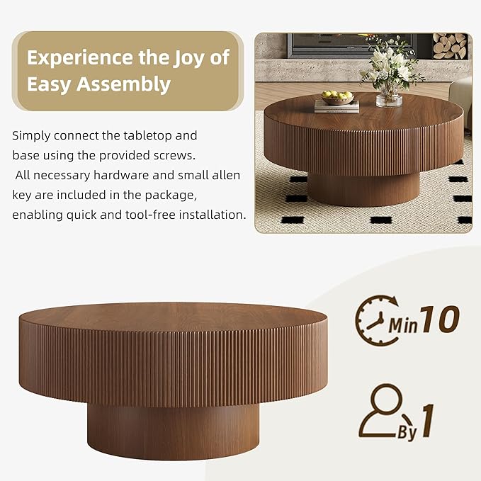 Merax Modern 31 Inch Round Coffee Table with Sturdy Base, Wood Center Tables for Living Room Reception Room, Easy Assemble, Walnut