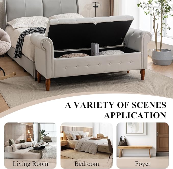 Modern 63'' Storage Ottoman Bench, Upholstered End Bed Bench with Curved Armrest, Button Tufted Entryway Bench with Wood Legs, Bed Bench for Bedroom, Living Room, Hallway (Cream White)