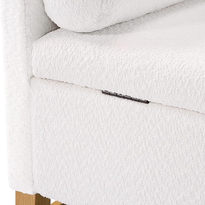 Merax End of Bed Bench 50.8" Boucle Upholstered Storage Bench with 2 Round Pillows & Solid Wood Legs, Ample Hidden Storage Space, for Bedroom Entryway, Ivory
