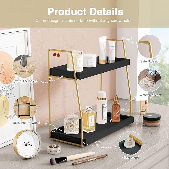 Forbena Black and Gold Bathroom Organizer Countertop, 2 Tier Counter Organizer for Bathroom Decor, Modern Sink Shelf Organizers for Vanity Storage, Make upTray for Makeup Bedroom
