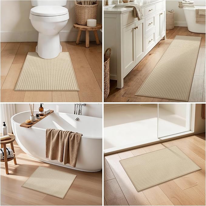YIHOUSE Waffle Bath Mat, Ultra Soft & Absorbent Bathroom Rug, Non-Slip Rubber Backed, Quick Dry Shower Mat, Boho Farmhouse Bathroom Decor, Machine Washable, Beige, 17 * 30
