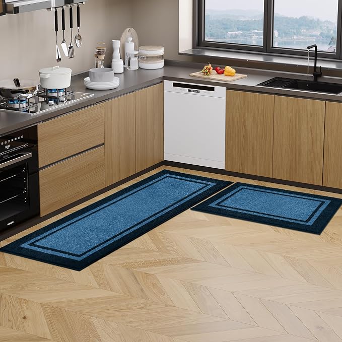 anllugs Kitchen Rugs 24" x 36", Non-Slip Machine Washable Kitchen Runner Rugs Floor Mats, Absorbent Comfort Standing Mats for Kitchen, Sink, Laundry and Hallway, Light Blue & Navy