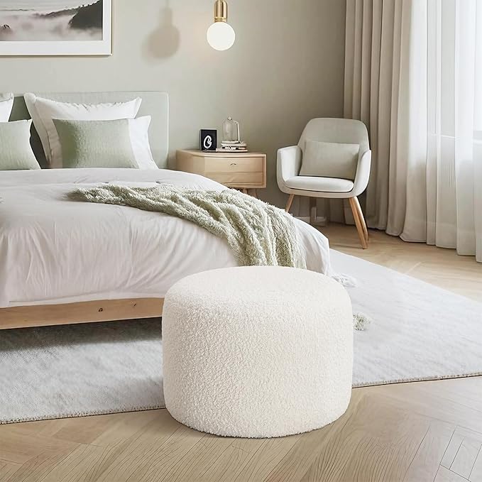 Flouki Pouf Ottoman Footrest, Foot Stools, Modern Round Upholstered Ottomans, Ottomans Pouffe, for Living Room, Bedroom, Entryway, Dorm, Selected Sherpa Fabric, White