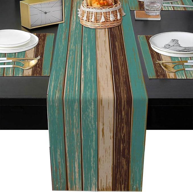 Emvency Cotton Burlap Farmhouse Table Runner with 6 Placemats,Blue Teal Heat-Resistant Set for Kitchen Coffee Table Party Banquet Decor(1 Table Runner 72 inches Long and 6 Placemats)