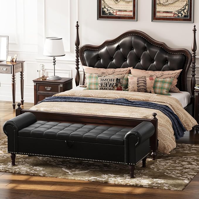 Apicizon 60” Bench with Storage, Queen Size Faux Leather End of Bed Bench with Tufted Button, Ottoman Bench with Rolled Arms & Vintage Rivets for Foot of Bed, Living Room, Entrance, Black