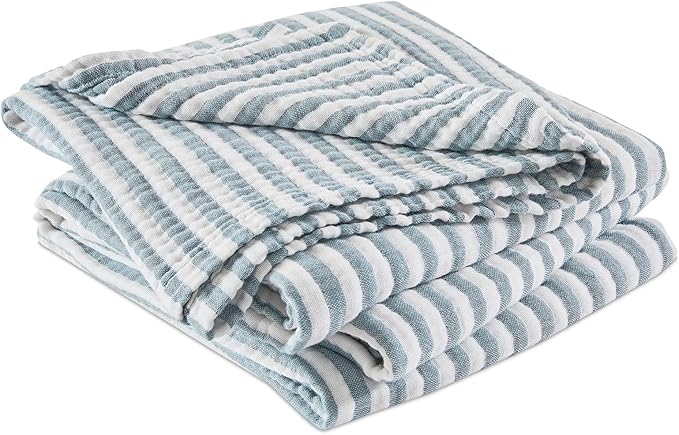EMME Cotton Muslin Large Throw Blanket Couch 4-Layer Breathable Gauze Soft Lightweight Bed Blankets Adults (Striped Teal, 50"x71")