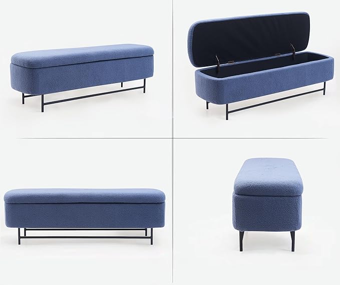 56" Boucle Storage Bench for Bedroom, Upholstered Teddy Ottoman Bench, Modern Extra Long Storage Bench for End of Bed/Entryway/Livingroom/Window (Navy)