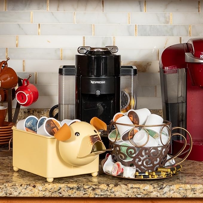 Made Easy Kit Coffee Pod Basket Organizer Practical Decoration - Compatible with Keurig K-Cup Pods & Capsules - Home Cafe Bar Decor Useful Kitchen Countertop Freestanding (Dog Brown Square)