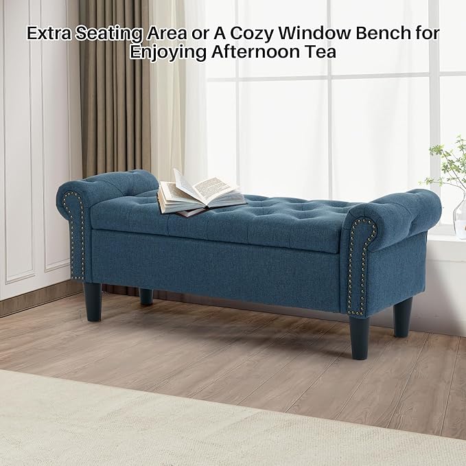 SOFTHION Storage Bench, 50" Queen End of Bed Bench, Linen Tufted Button Upholstered Bedroom Bench, Storage Ottoman with Rolled Arms, Window Bench with Storage, for Living Room, Entryway Dark Blue