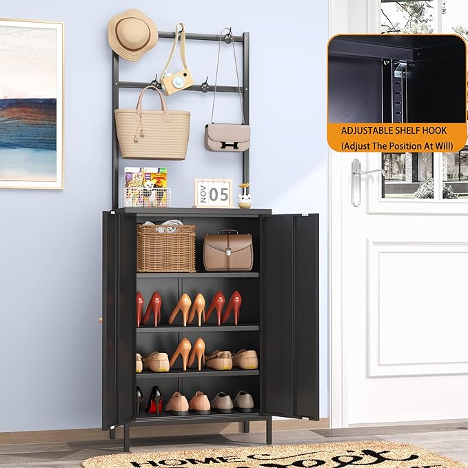 2in1 Hall Tree Shoe Cabinet for Entryway, Hallway, and Living Room,Metal Shoe Coat Rack Cabinet with 3 Adjustable Shelf,Shoe Storage Organizer with Hanging Bar & Hooks (Cabinet With Coat Rack, black)