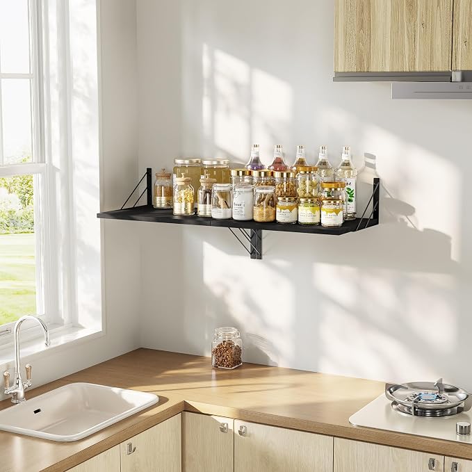Love-KANKEI Wide Floating Shelves for Wall, Black 16" W x 12" D Large Deep Wood Wall Shelves for Storage in Bathroom, Bedroom, Living Room, and Kitchen Set of 2