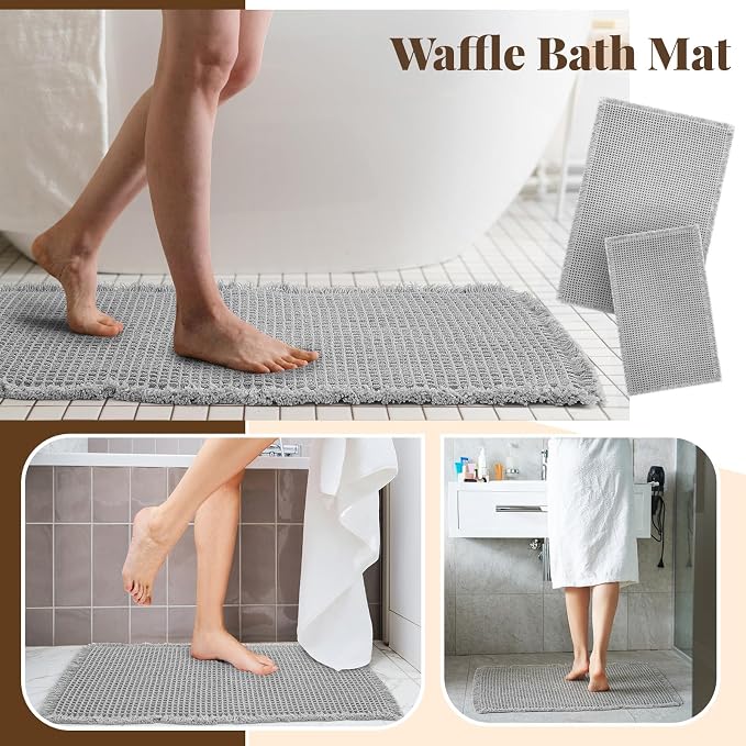 Tinideya Waffle Bath Mat Set of 2 Ultra Absorbent Non-Slip Bathroom Rugs Machine Washable Quick Dry for Shower Bathroom Kitchen Floor, Low Profile Fits Under Door, 18 x 30 + 24 x 36(Light Gray)