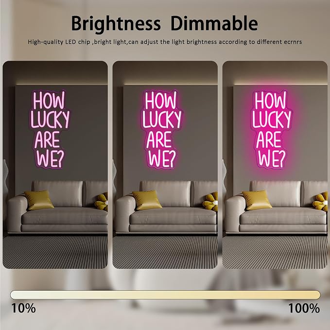 How Lucky Are We Neon Sign, Romantic Quote Pink Anniversary Quote Neon Sign LED Wedding Backdrops Engagement Party Neon Light, for Motivational Wall Decor Inspirational Quote(15.3 * 8.2 In)