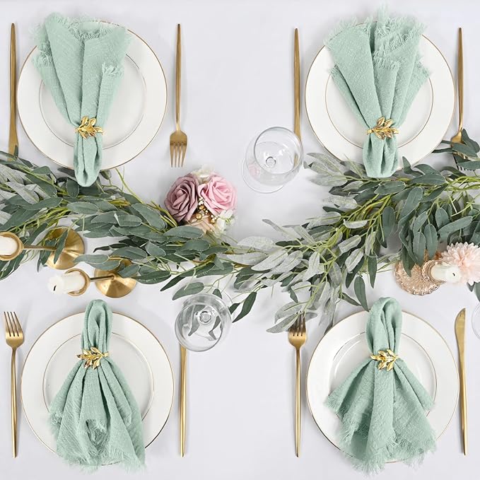 60 Packs Sage Green Napkins 16x16 Inch, Cotton Linen Handmade Cloth Napkins Bulk with Fringe - Soft Rustic Boho Napkins for Wedding, Party, Christmas Event Dinner Birthday Table Decor