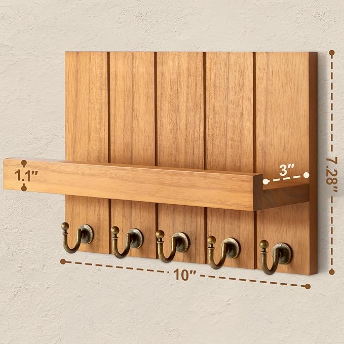 Rebee Vision Farmhouse Key Holder for Wall - Decorative Wall Shelf with Key Hooks & Mail Organizer Wall Mount for Apartment Essentials - Rustic Living Room Decor (Light Brown, 3.54"D x 10"W x 7.28"H)