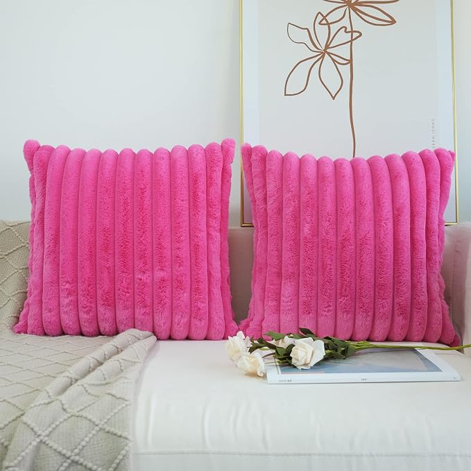 JOJUSIS Pack of 2 Faux Fur Plush Decorative Throw Pillow Covers Couch Cushion Case Soft Pillowcases (Hot Pink, 24 x 24-Inch)