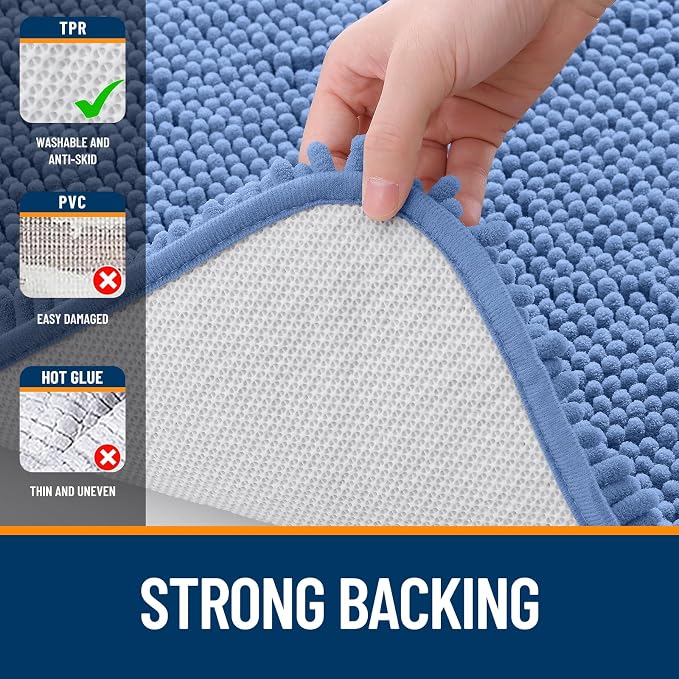OLANLY Bathroom Runner Rugs 47x20, Soft Absorbent Chenille Bath Rugs, Rubber Backing Quick Dry, Machine Washable Long Bath Mats for Bathroom, Tub and Shower, Home Decor Accessories, Cornflower Blue