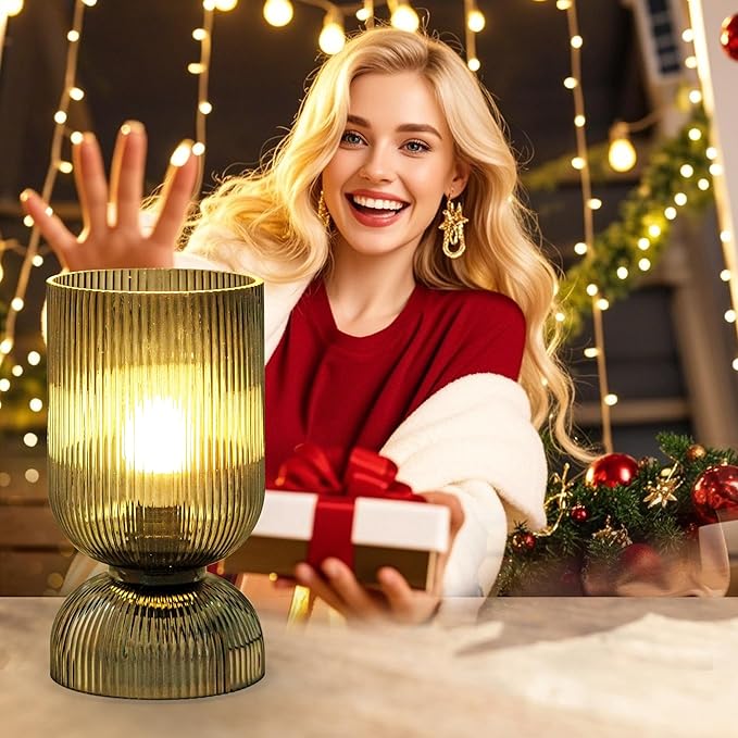 Modern RGB Glass Table Lamp with Remote,Color Changing Bedside Lamp with Ribbed Glass Shade, 16 Colors, On/Off Cord Switch, Nightstand Lamp for Bedroom, Living Room, Office, Bulb Included