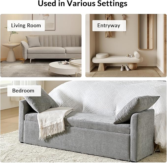 EcoHarbor Storage Ottoman Bench with Pillows, 59.4" End of Bed Bedroom Bench with Arms, Footrest Stool for Living, Dining Room, Entryway and Hallway, Grey