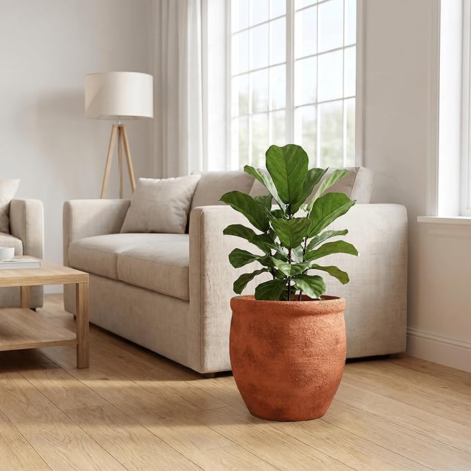 12" Dia Fiberstone Planter – Distressed Terracotta Flower Pot with Textured Matte Finish & Drainage Hole, Rustic Indoor Outdoor Planter for Patio, Porch, Garden, Farmhouse Décor