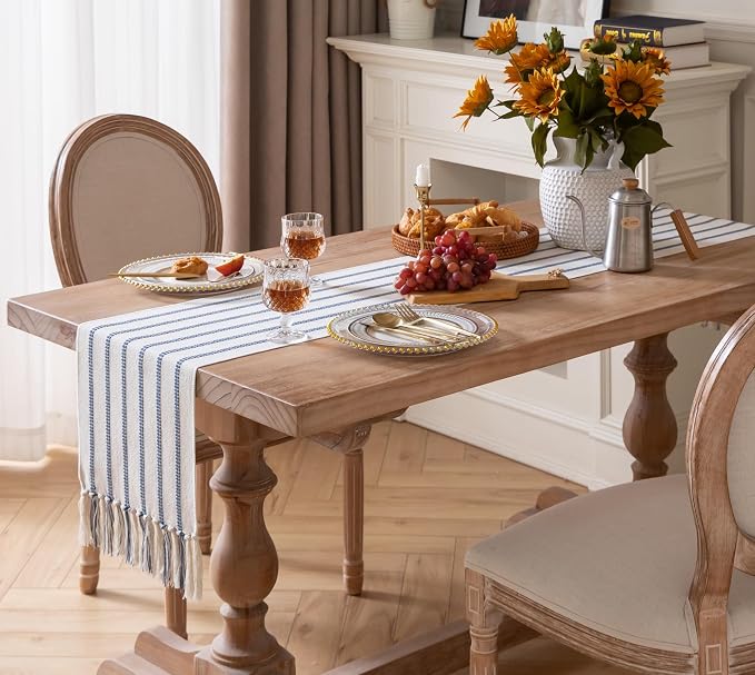 Caflife Boho Table Runner 90 Inchs Long Blue and Beige, Cotton and Linen Woven with Tassels, for Modern Rustic Farmhouse Neutral Table Runners, Bohemian Kitchen Dining Table Home Decor