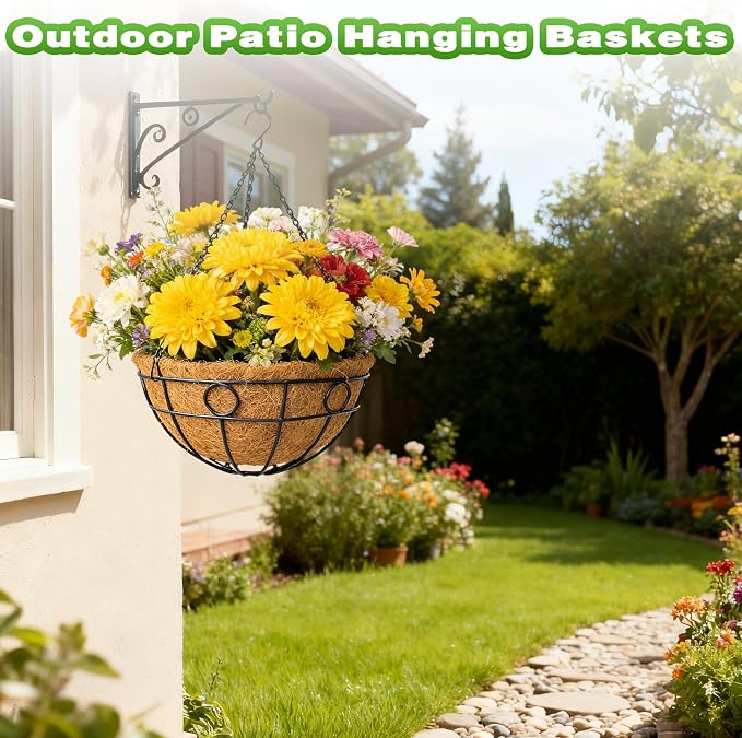 2 Pack 12 Inch Metal Outdoor Hanging Baskets Black Heavy Duty Hanging Planters with Coco Liners for Indoor Outdoor Plants Gardens Patios Terraces(Round)