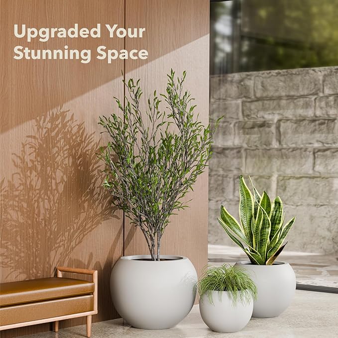 KUTE NEST 12.8" H x 16" D Premium Globo Fiberstone Round Planter - Smooth Finishes, Weather Resistant for Indoor & Outdoor Use, Included 2 Extra Coco Mats (Light Gray, 10.7" Pot Opening)