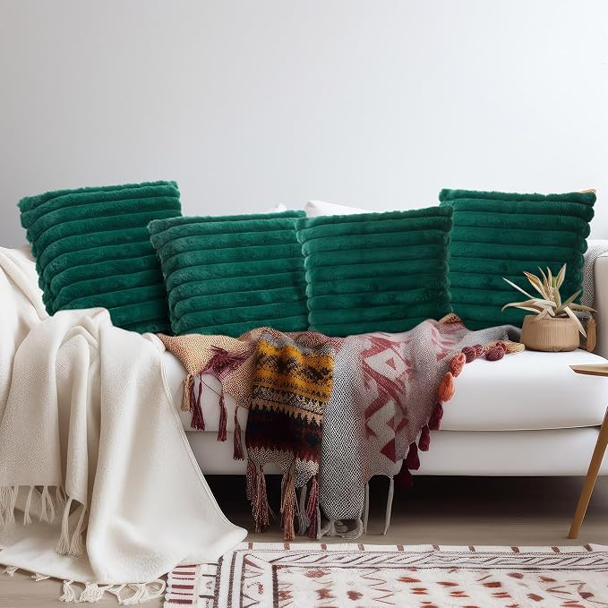 VitalCozy Throw Pillow Covers Set of 6 18x18 Decorative Neutral Couch Throw Pillow Covers Faux Fur Pillowcase Soft Velvet Farmhouse Boho Striped Decor for Bed, Sofa(Green)