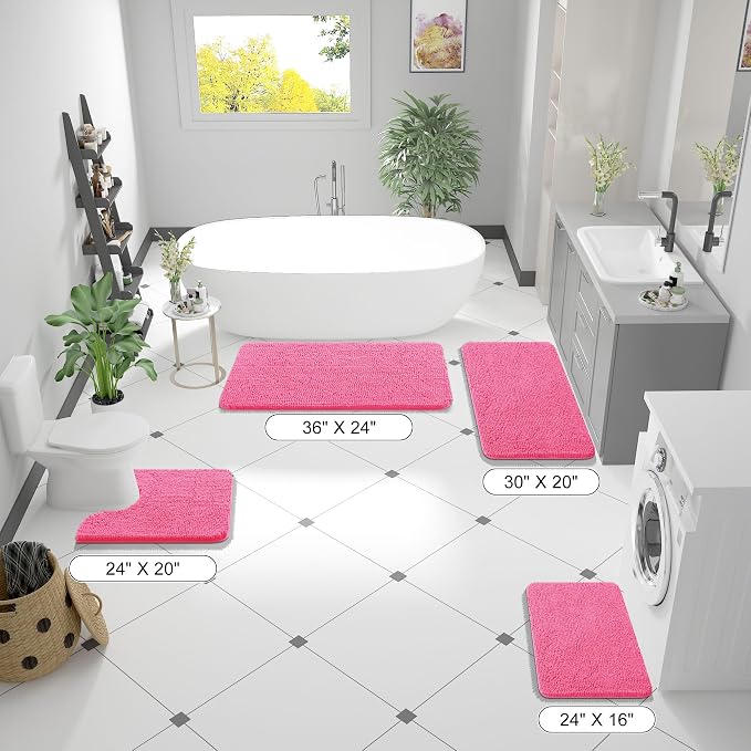 OLANLY Bathroom Runner Rugs 70x24, Soft Absorbent Chenille Bath Rugs, Rubber Backing Quick Dry, Machine Washable Long Bath Mats for Bathroom Floor, Tub and Shower, Home Decor Accessories, Hot Pink