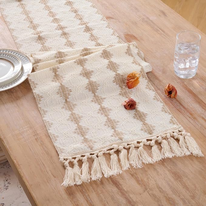 Fancy Homi Tan Boho Cotton Polyester Table Runner 48 Inches Long, Farmhouse Macrame Table Runners with Tassels for Home Party Bohemian Rustic Bridal Shower Kitchen Dining Decor 12x48 Inches