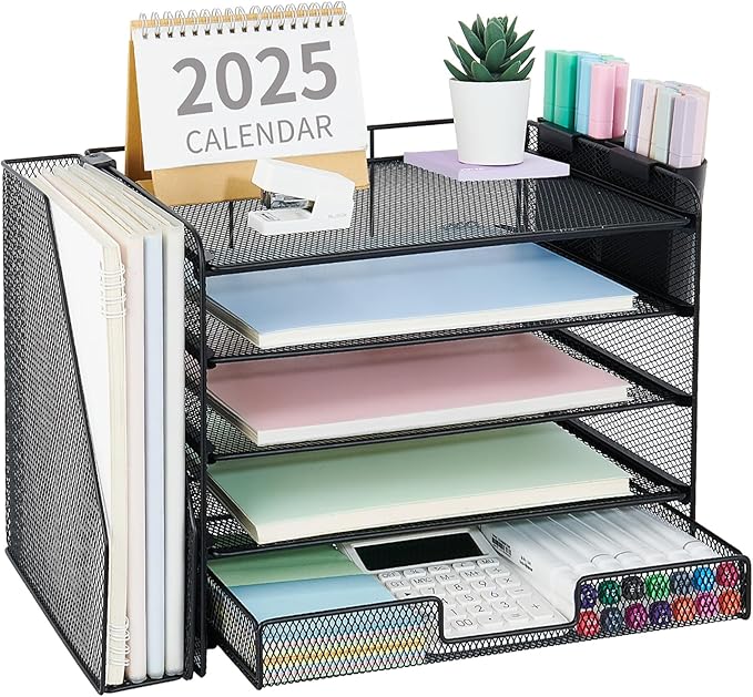 OPNICE Desk Organizer, 5-Tier Paper File Organizer with Drawer & Pen Holder, Office Desk Accessories, Workspace Desktop Organizer for Office Supplies(Black)