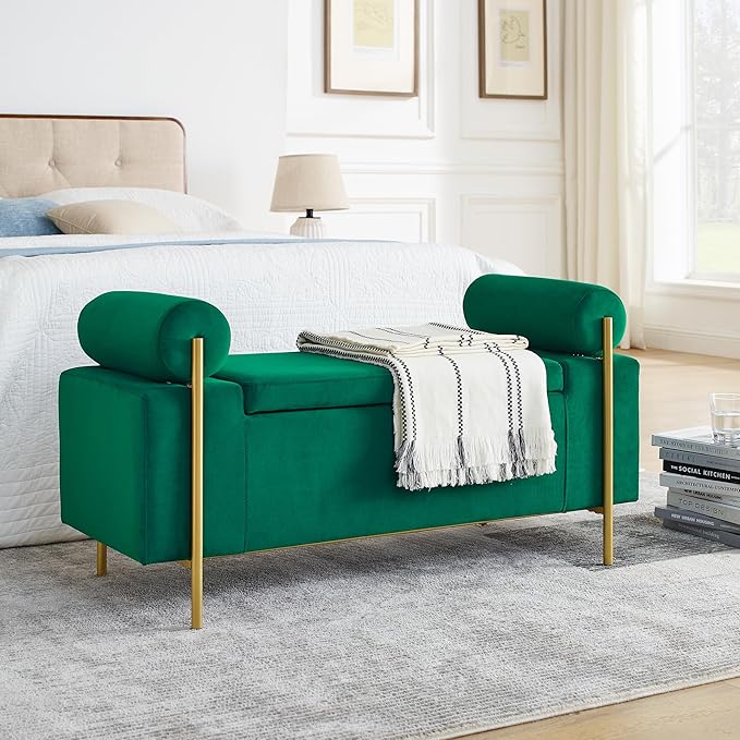 Storage Ottoman for Bedroom 44" with Safety Hinge, Upholstered Entryway Bench, Modern Linen Foot Rest with Arms,for Bedroom, Living Room, Entryway (Green)