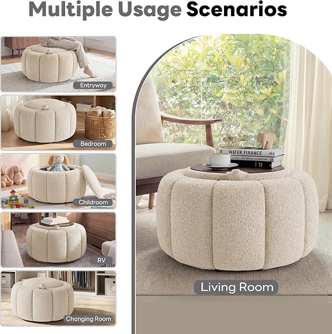 Tbfit Round Storage Ottoman - No Assembly Required, Storage & Sturdy Structure Multi-Functional Seat/Footrest for Living Room, Bedroom & Kids Room Soft Fabric for Family Home Use, White