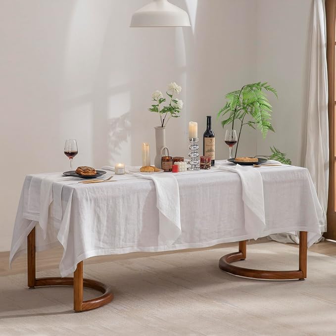 EVERLY Pure Linen Hemstitch Tablecloth,100% Stonewashed French Linen tablecloths for Kitchen Dining Rectangle Tables,60x144Inch Machine Washable Christmas Thanksgiving Organic Tablecloth-White