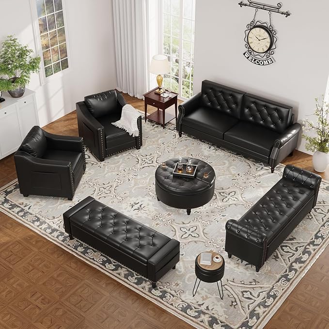 60" Storage Ottoman Bench, Faux Leather Upholstered Bed Bench with Tufted Buttons and Nailhead Trim, Large Ottoman with Storage for King Size End of Bed, Bedroom, Living Room, Entryway, Hallway, Black