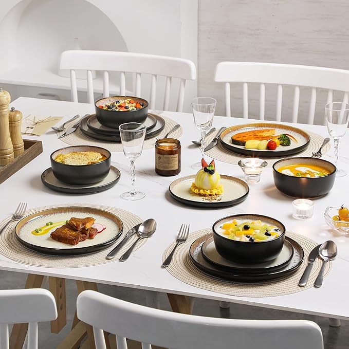 vancasso Plates and Bowls Sets, 24 Pieces Stoneware Dinnerware Sets for 8, Kitchen Dish Set Mircowave and Dishwasher Safe Ceramic Dishware, Light Cream, Series AMBER