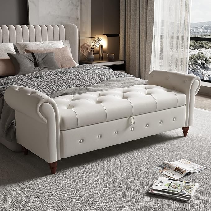 ODUWA Storage Bench for Bedroom End of Bed,63" Tufted Rolled Armed Bench Fabric Long Upholstered Window Ottoman Storage Benches Seat with Solid Wood Legs(Fabric-Beige)