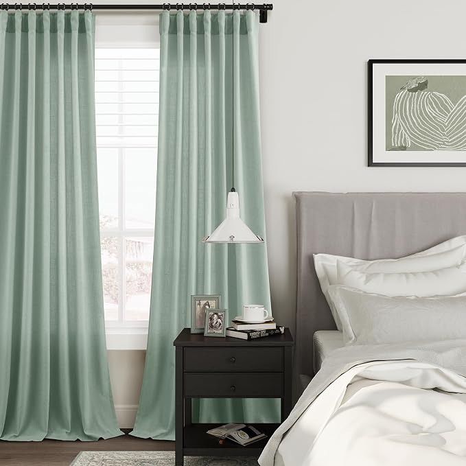 Joywell Aqua Green Linen Curtains 108 Inches Length Light Filtering Neutral Farmhouse Boho Rod Pocket Back Tab Hook Belt Clip Rings Semi Sheer Window Drapes for Bedroom Living Room 2 Panels 52x108