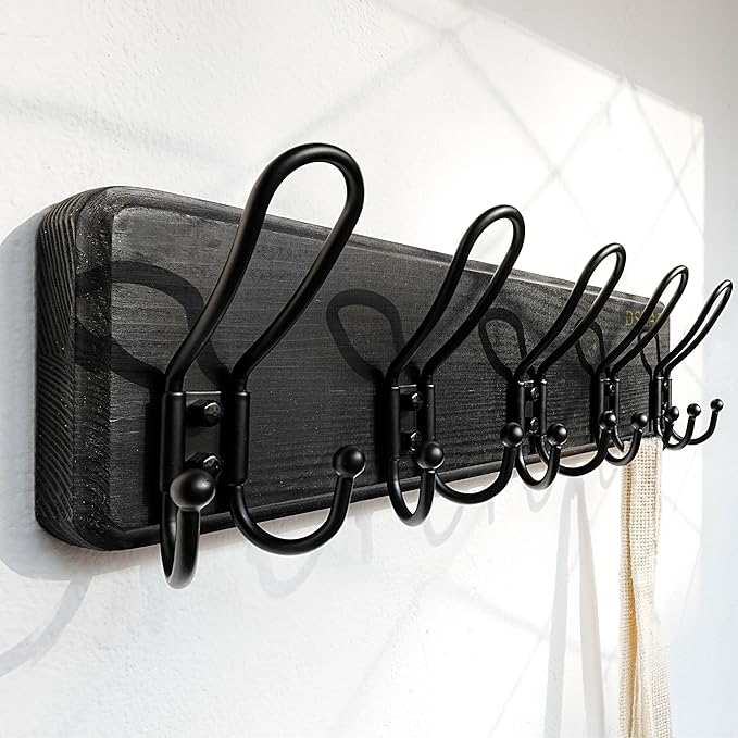 Dseap Coat Rack Wall Mounted - Heavy Duty Farmhouse Rustic Wall Coat Hanger with 5 Wire Hooks for Clothes Hat Jacket Towel, RusticWire, J1-5A, Black, Pack of 2