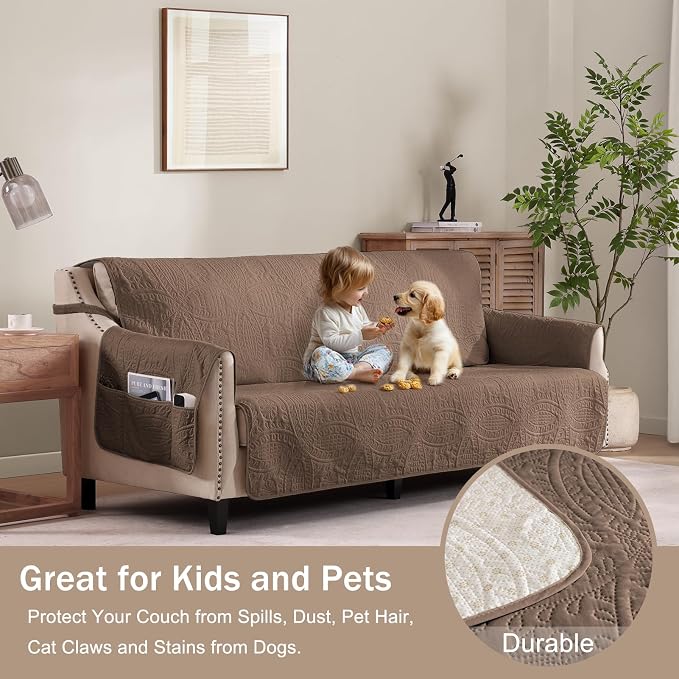 Soft Quilted Couch Cover with Pockets for Extra-Large Sofa, Anti-Slip Sofa Covers Washable for 3 Cushion Pet Friendly, Oversized Sofa Cover Water-Repellent (X-Large Sofa 78", Raw Umber)