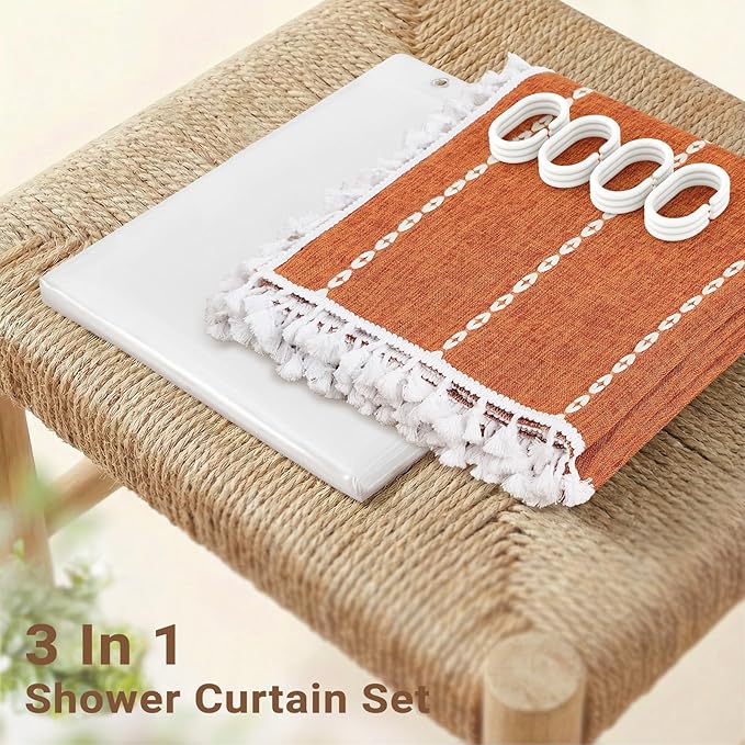 BTTN 3 in 1 Shower Curtain with Liner, 96 Inch Extra Long Boho Linen Striped Cloth Shower Curtain Set with Hook, Tall Farmhouse Bohemian Waterproof Shower Curtain for Bathroom, Burnt Orange, 72x96