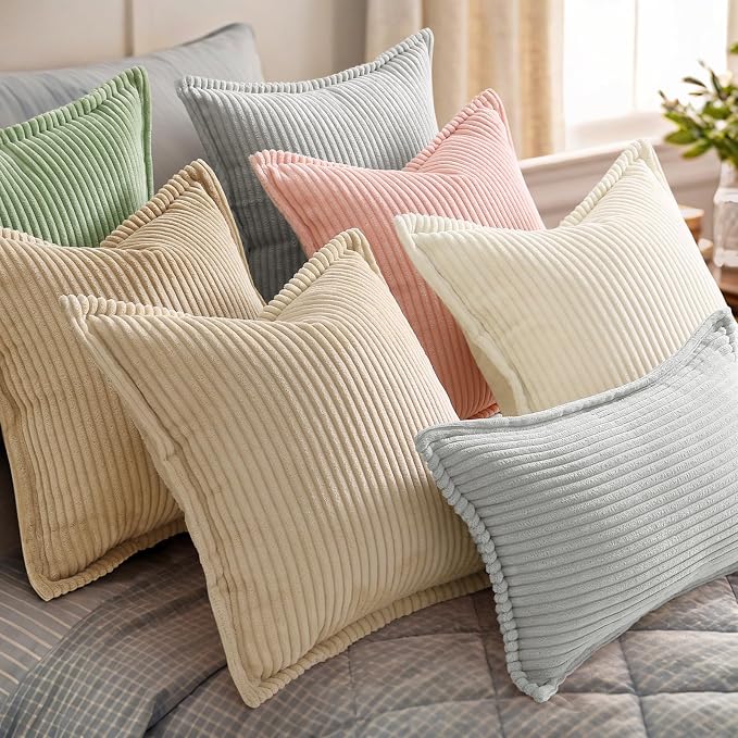 decorUhome Summer Corduroy Grey Euro Sham Throw Pillow Covers 22x22 Set of 2 Decorative Soft Boho Farmhouse Couch Pillow Covers for Living Room Bed Sofa Broadside Striped Pillow Cases