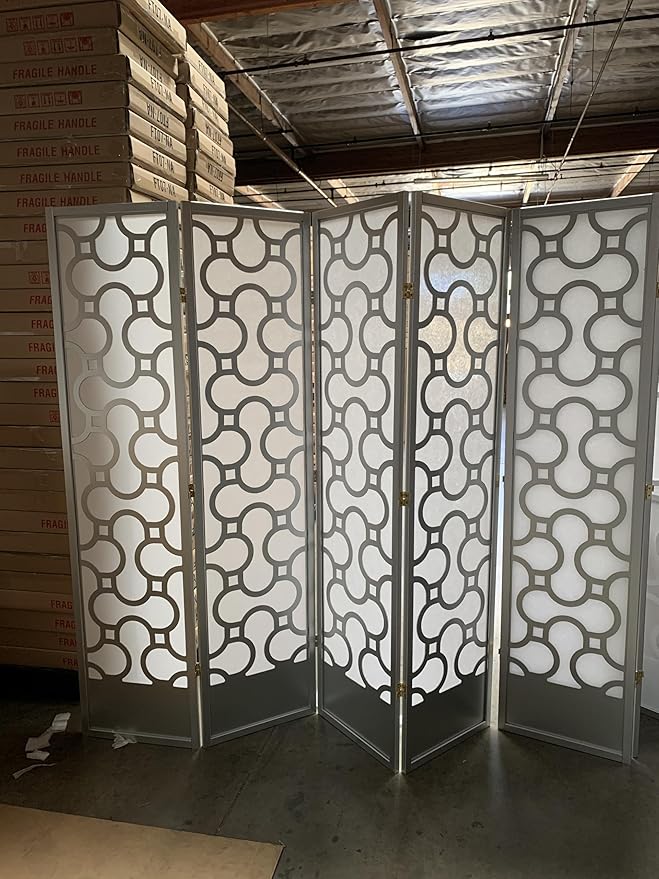 Kinyaku Harmony Grid Room Divider, 3-8 Panels (Silver, 5 Panels)