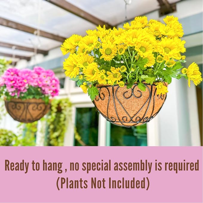 LaLaGreen Hanging Baskets for Plants (12 Inch, 6 Pack) Hanging Flower Pots with Coco Liner, Black Metal Wire Round Basket Plant Holder with Hanger Hook Chain, Outdoor Patio Deck Balcony Garden Decor