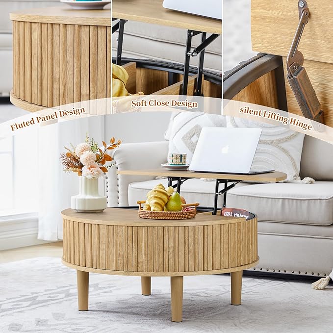 Janmer Home Round Lift Top Coffee Table with Storage, Fluted Mid Century Modern Coffee Tables, Small Space,31.5" Wooden Center Table for Living Room, Apartment, Office (Natural)