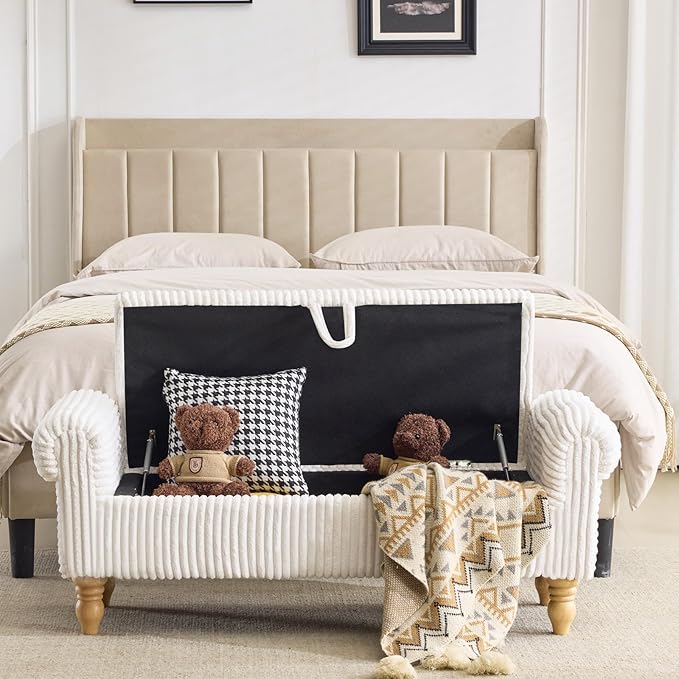 Storage Bench for Bedroom, Ottoman with Storage, Upholstered Ottomans Benches with Rolled Arms for Bedroom End of Bed, Living Room, Entryway (Corduroy/White)