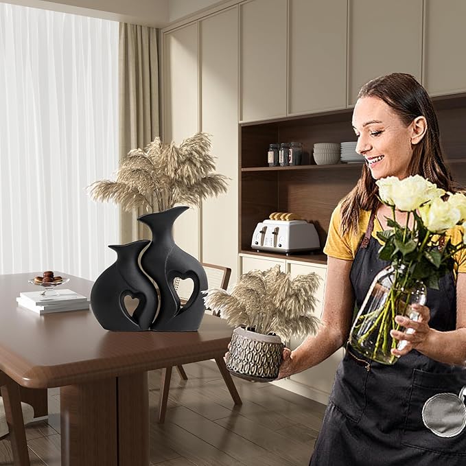 Black Ceramic Vase Set of 2,Filled with Love,Modern Minimalist Bohemian Vases Home DecorïŒHeart Shape Matte Ceramic Vases for Dinner Table Bookshelf Modern Home Console